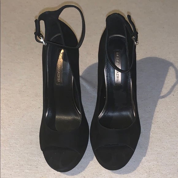 BCBG Black Peep Toe Gold Heel Stiletto - Picture 2 of 5